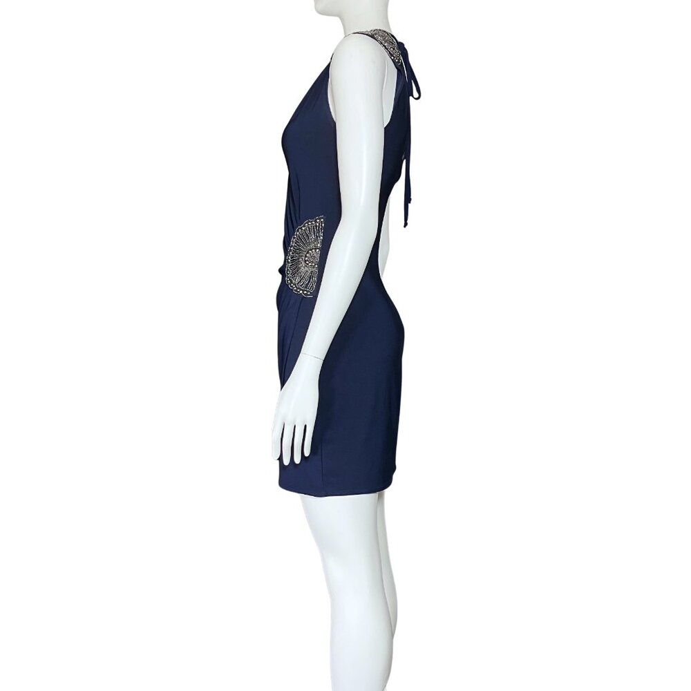 Vintage Y2K Navy Blue Beaded Cocktail Hoco Dress. S/M. Silver Boho Glam Party - Picture 4 of 14